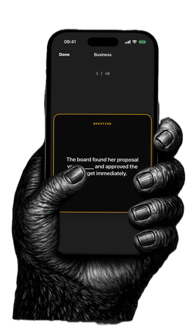 Gorilla hand holding iPhone showing a Sage Ape question card
