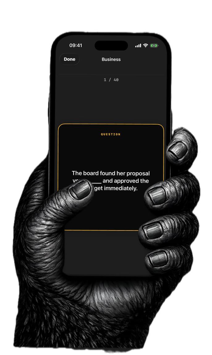 Gorilla hand holding iPhone showing a Manki question card
