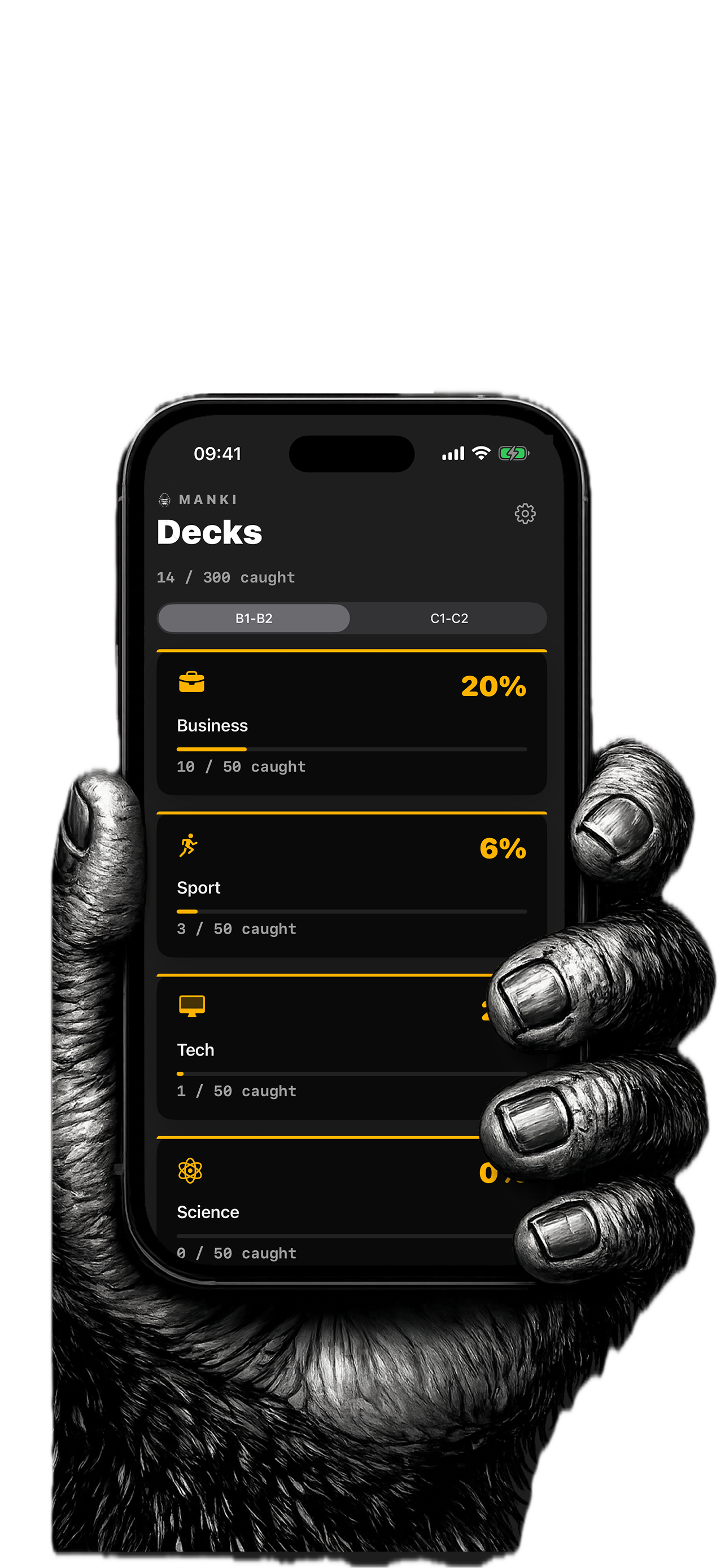 Manki app on iPhone, held by a gorilla